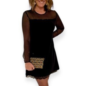 Black Velour Party Dress • Holiday • Sheer Long Sleeve •  Lace • Feminine